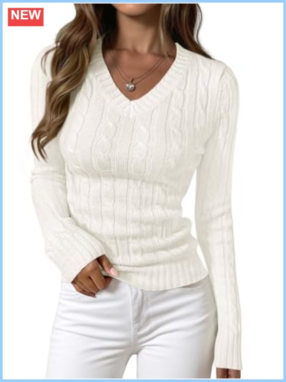 Cable Knit Fitted V Neck Long Sleeve Pullover Sweater